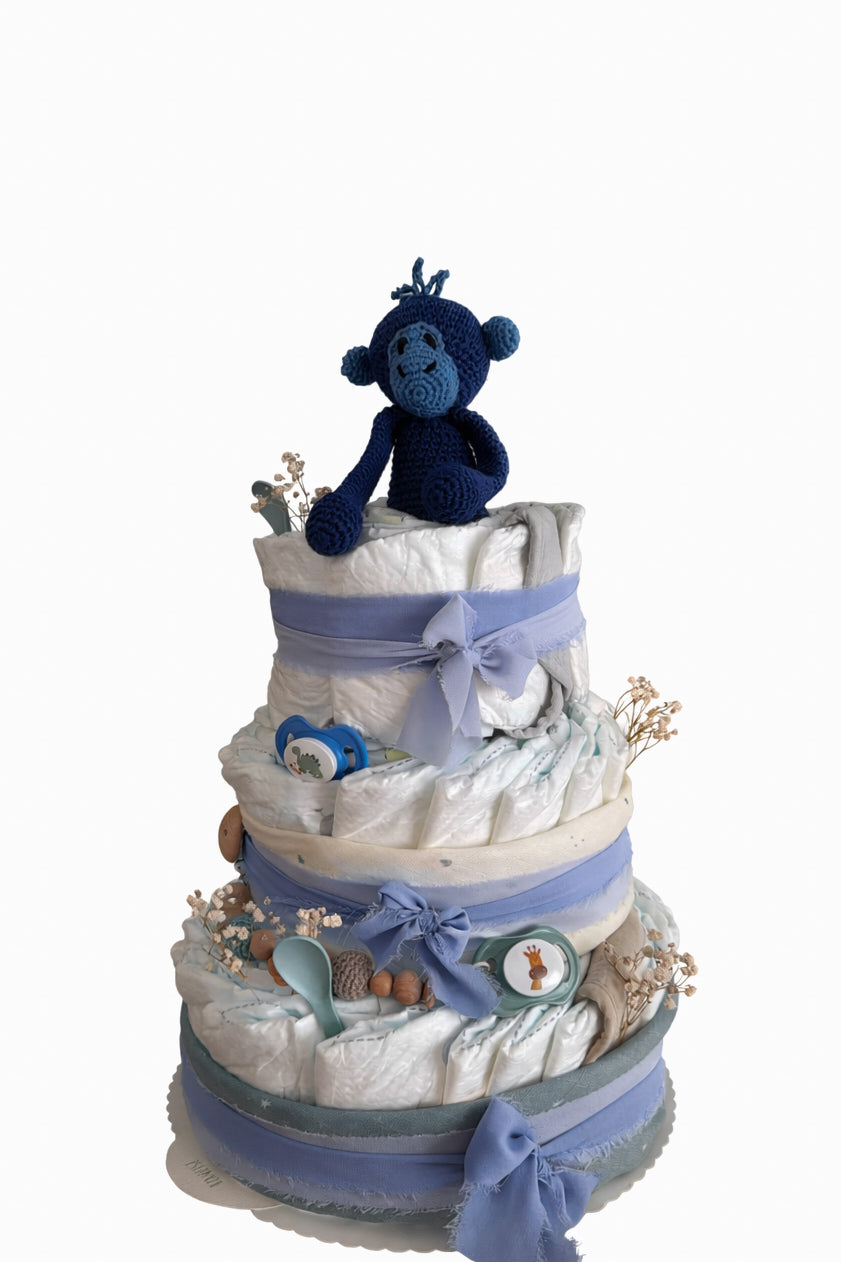 Windeltorte in blau - dreistöckig mit Affe Milo