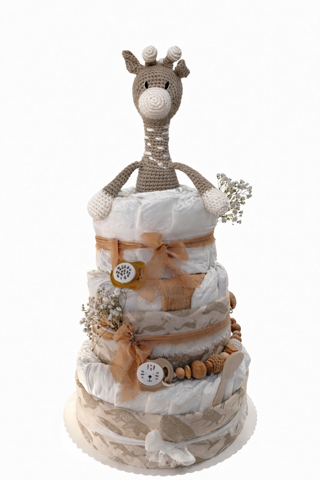 Windeltorte in neutralen Farben - dreistöckig mit Giraffe Melman