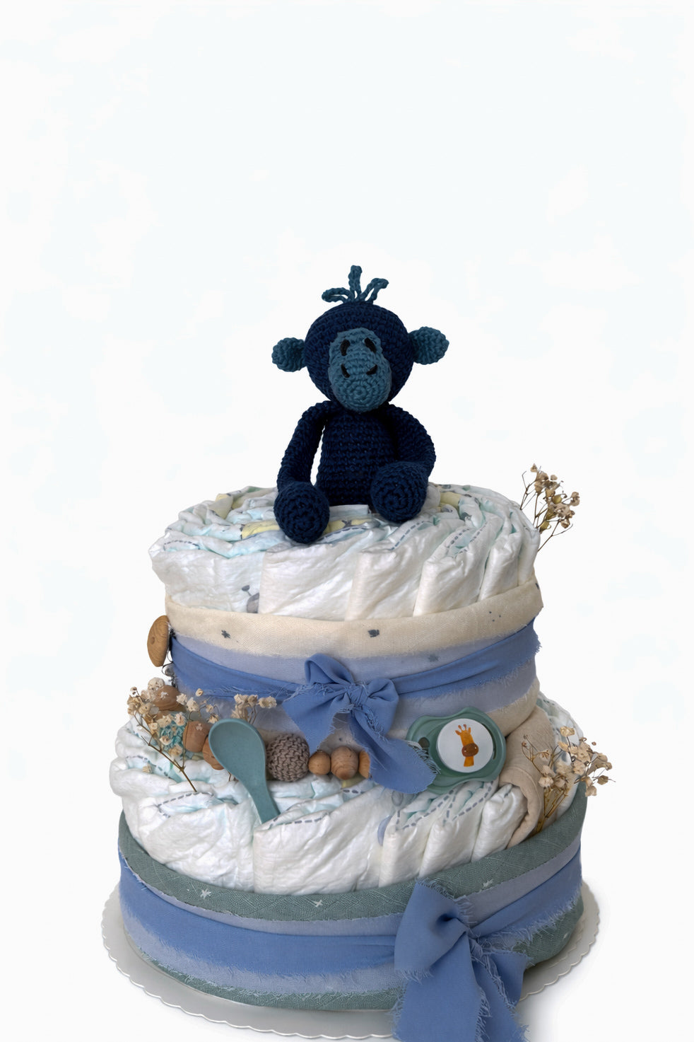 Windeltorte in blau - zweistöckig mit Affe Milo