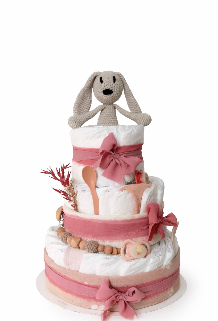 Windeltorte in rosa - dreistöckig mit Hase Winnie