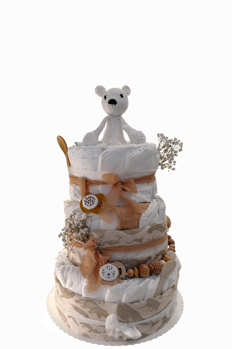 Windeltorte in neutralen Farben - dreistöckig