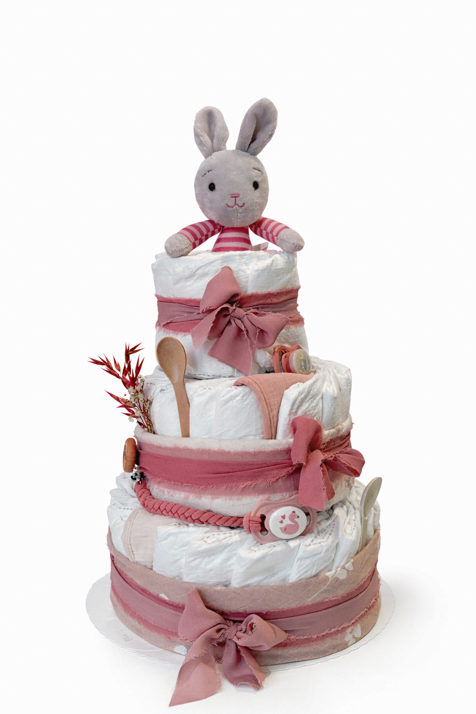 Windeltorte in rosa - dreistöckig mit Stofftier