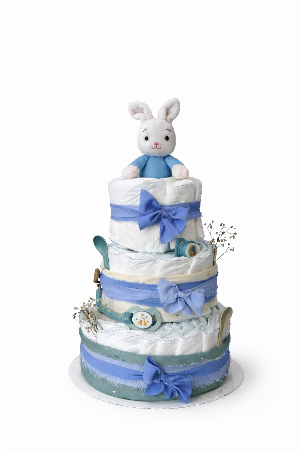 Windeltorte in blau - dreistöckig mit Stofftier
