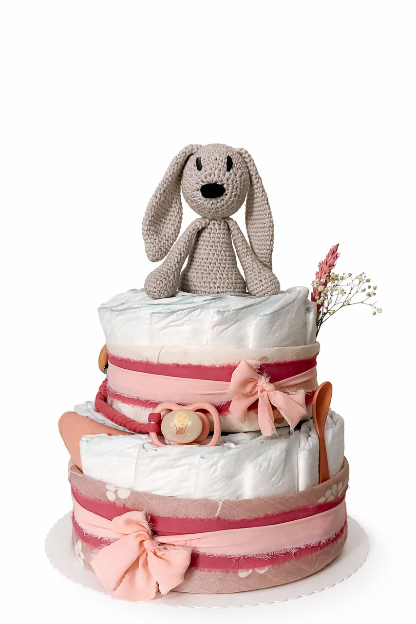 Windeltorte in rosa - zweistöckig mit Hase Winnie