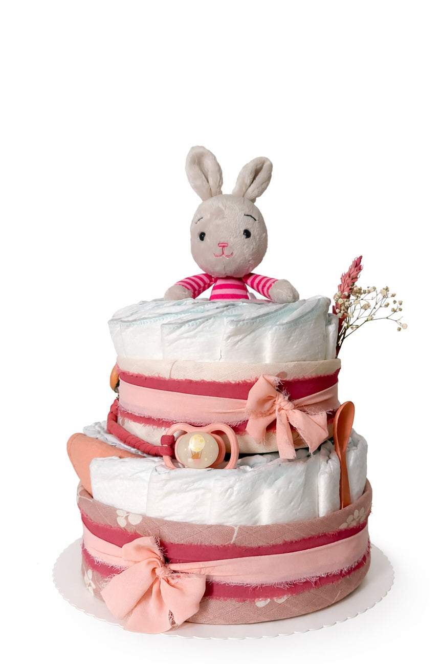 Windeltorte in rosa - zweistöckig mit Stofftier