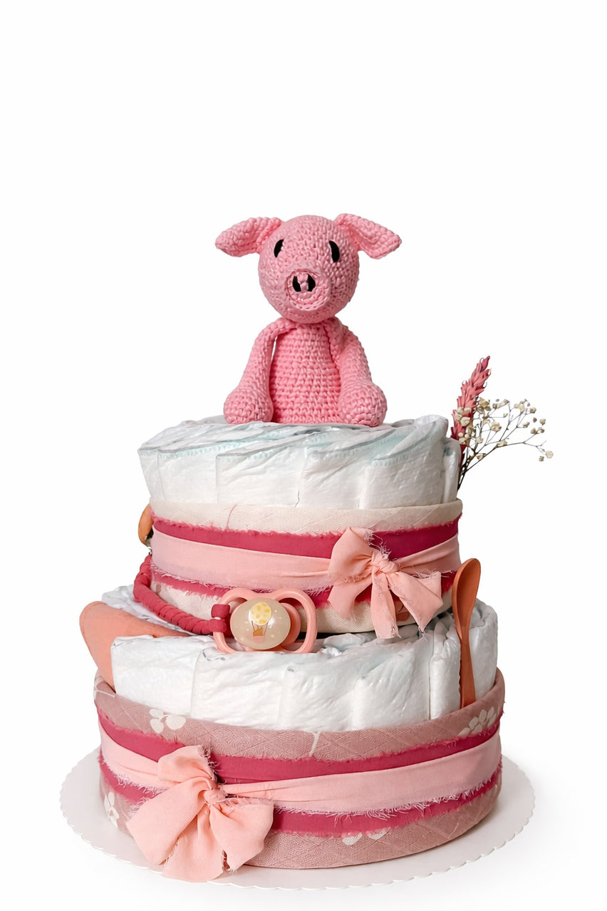 Windeltorte in rosa - zweistöckig mit Schwein Millie