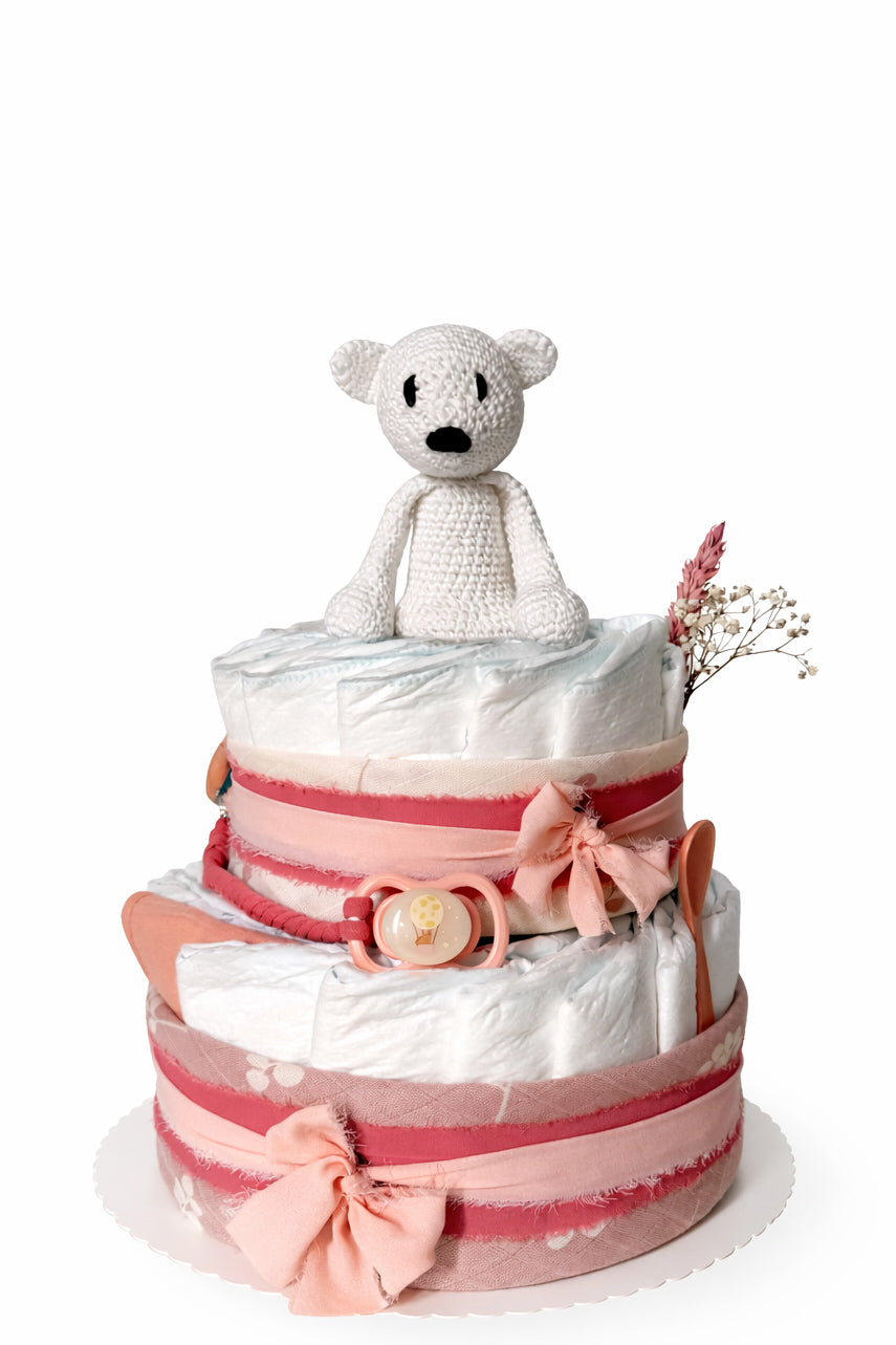 Windeltorte in rosa - zweistöckig mit Eisbär Piotr